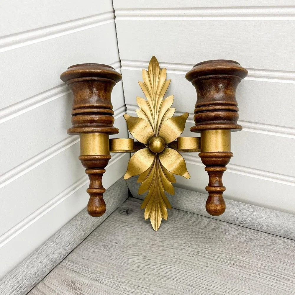 Solid‎ Wood and Brass Wall Sconce Candleholder - Vintage Hollywood Regency Decor
